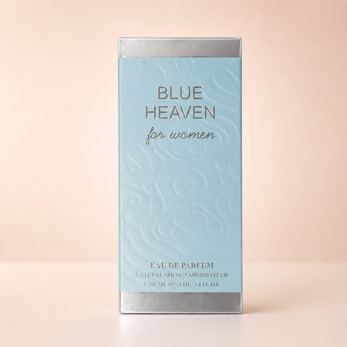 Empaque Blue Heaven for Women en fondo rosa nude, blanco y beige