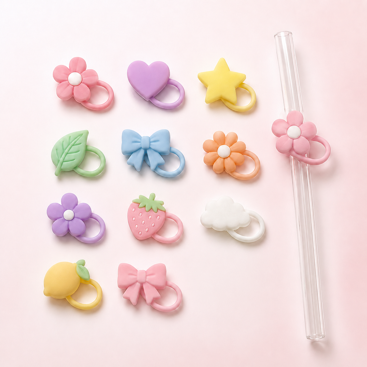 Set de doce charms de silicón para popote