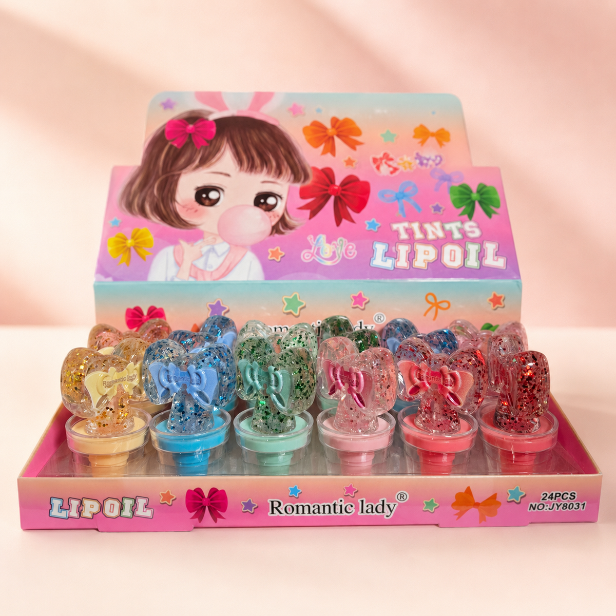Tints Lip Oil de Moño Romantic Lady en fondo rosa nude