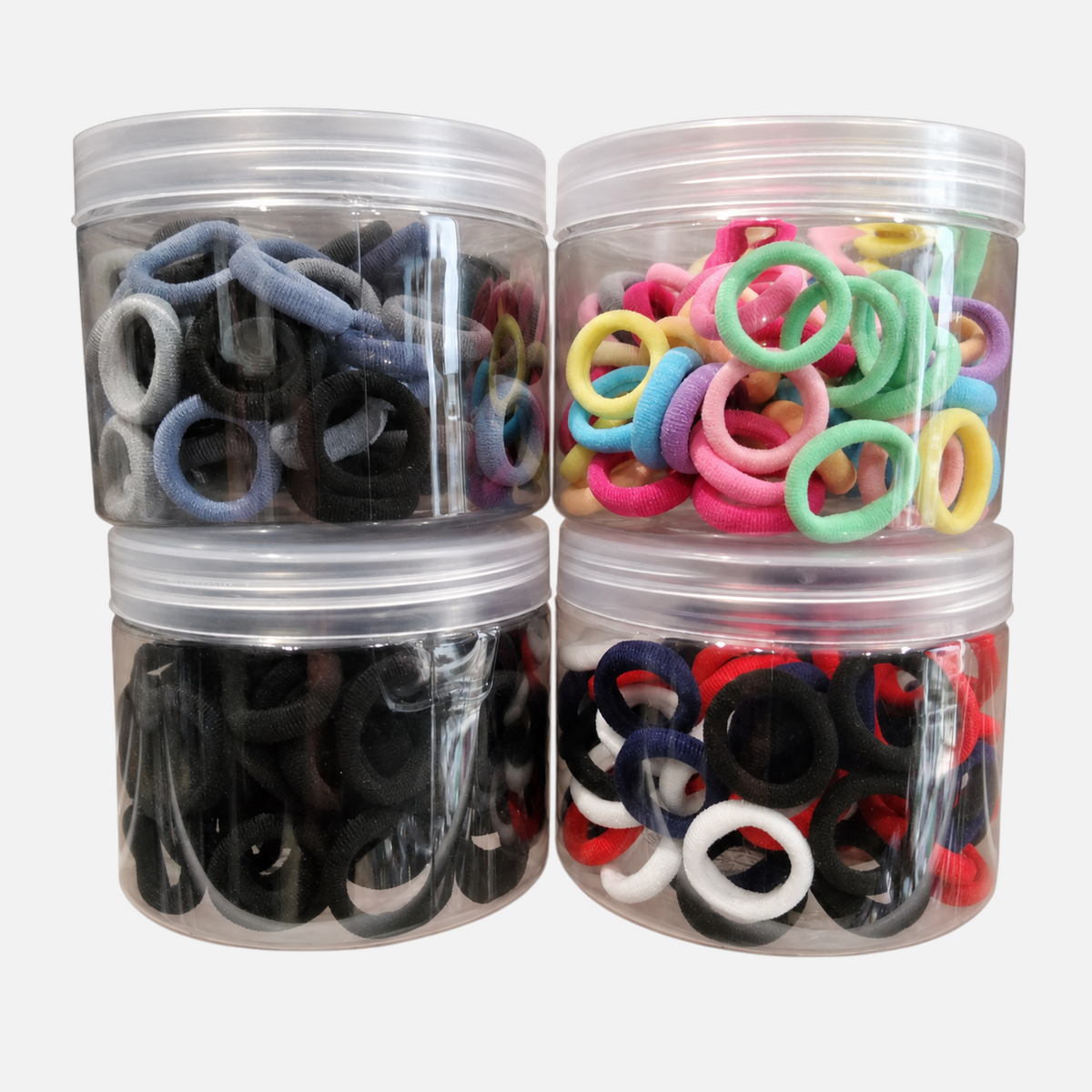 Accesorios by Alexsa set of 100 soft elastic hair ties for girls in clear plastic jars with assorted colors