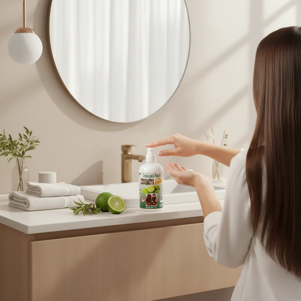 Accesorios by Alexsa keratin styling cream in a pump bottle on a bathroom counter with limes for hair hydration