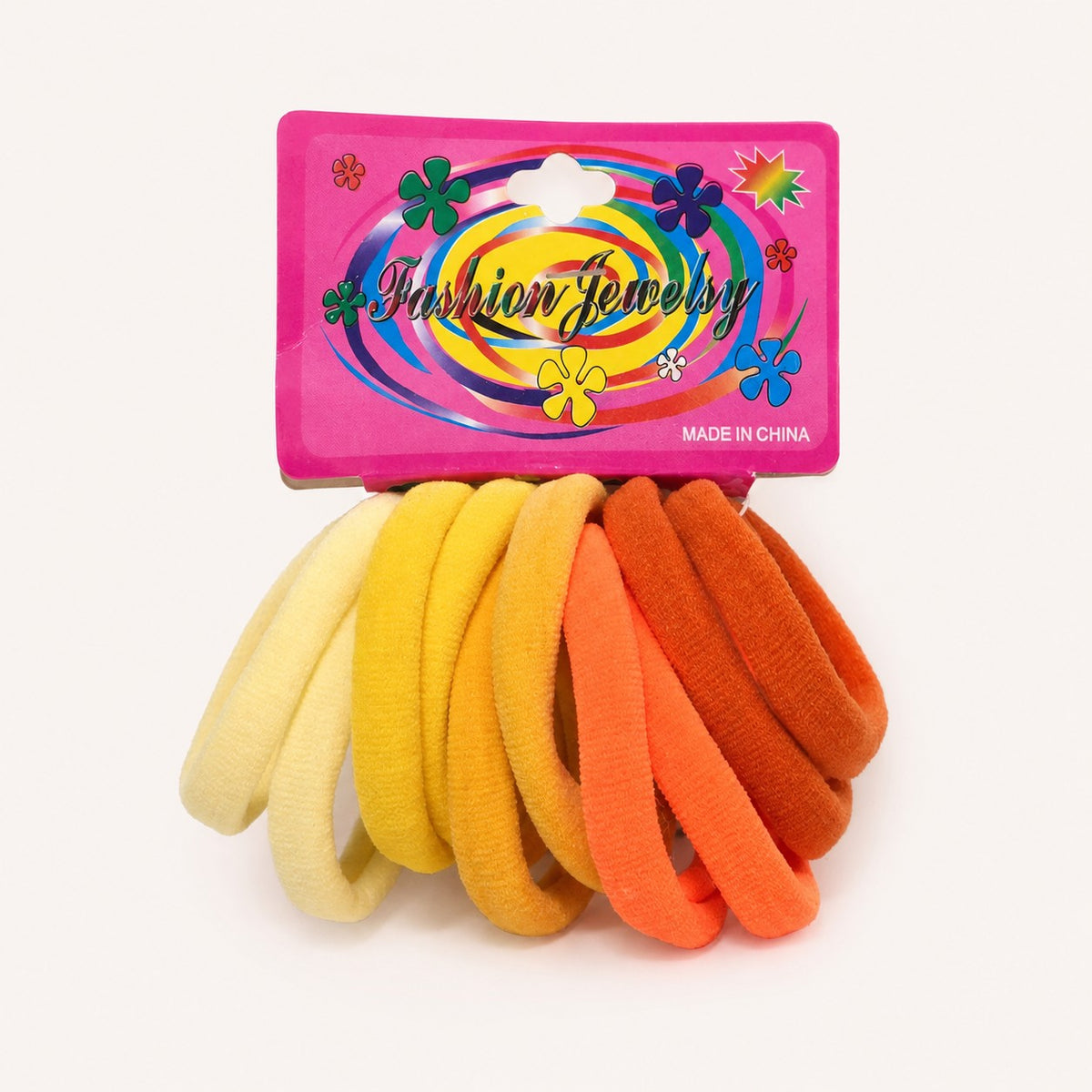 Set de 10 ligas para cabello Accesorios by Alexsa en tonos degradados de amarillo y naranja, elásticas y resistentes.