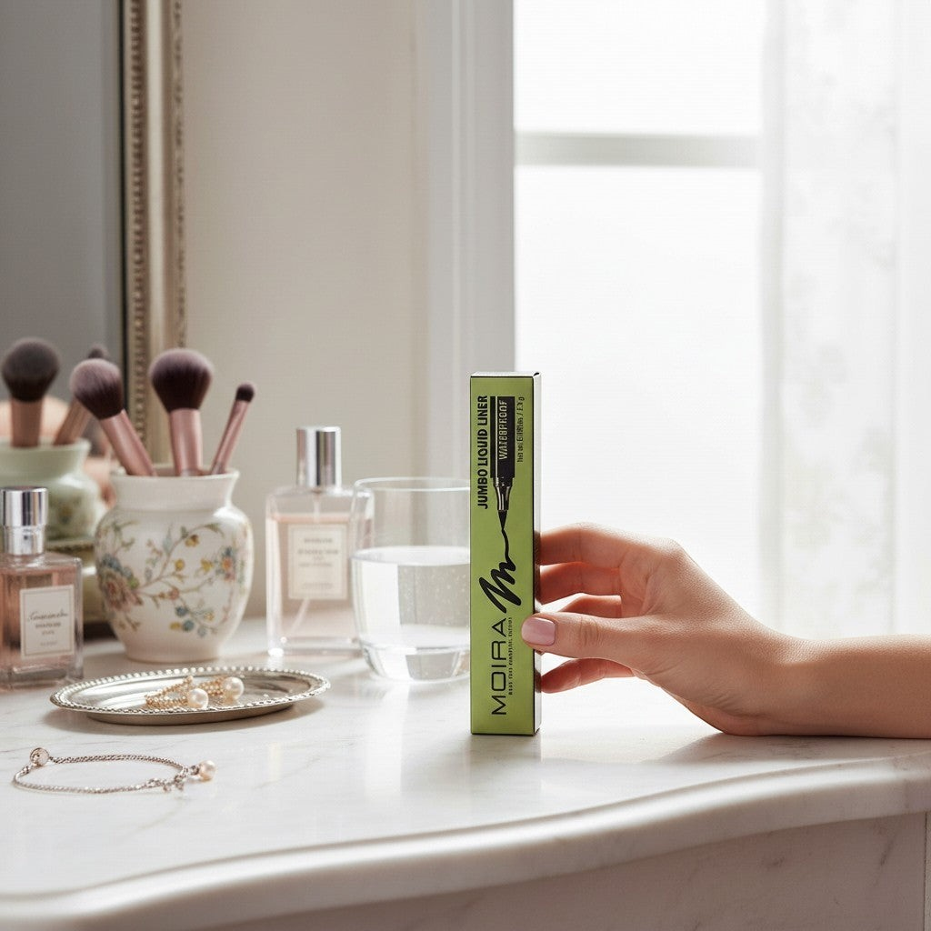 Accesorios by Alexsa Moira jumbo liquid eyeliner pen in green packaging held by a hand on a vanity table