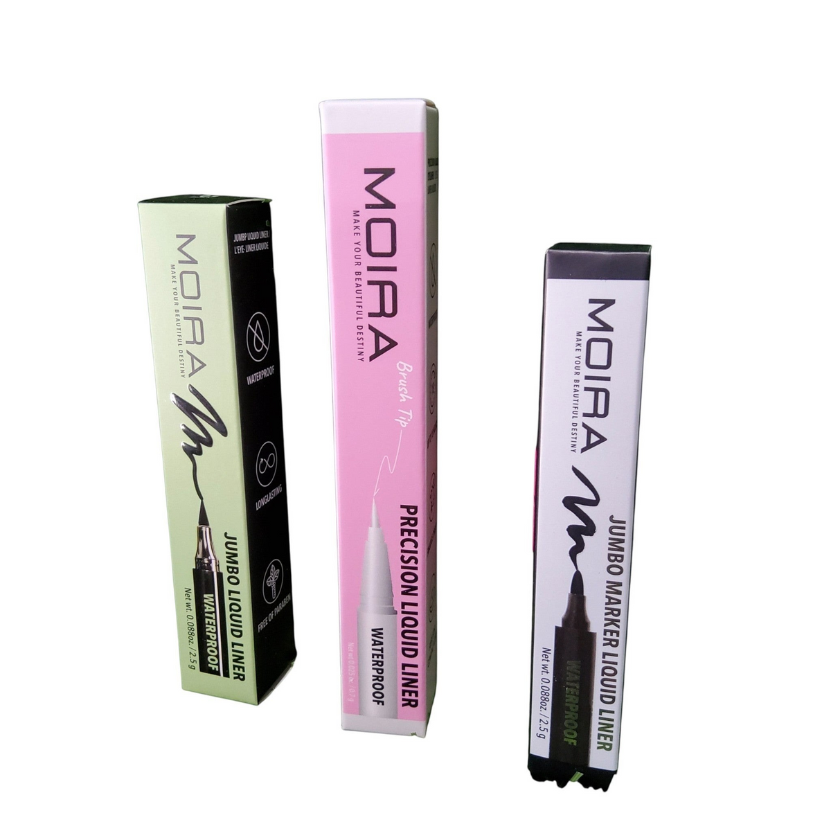 Accesorios by Alexsa Moira liquid eyeliner pens in green, pink, and black boxes with waterproof and long-lasting labels