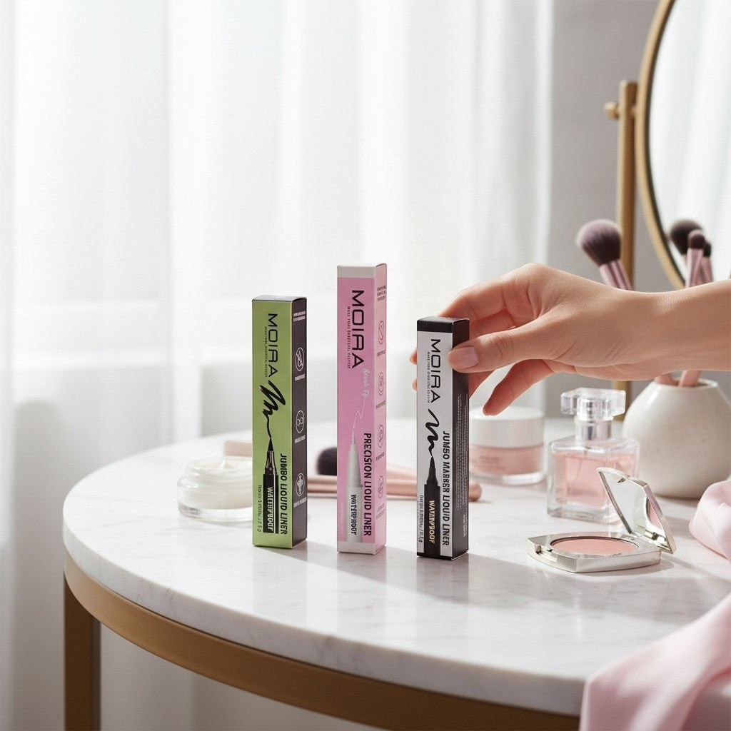 Accesorios by Alexsa Moira liquid eyeliner pens in green, pink, and black boxes on a marble vanity table