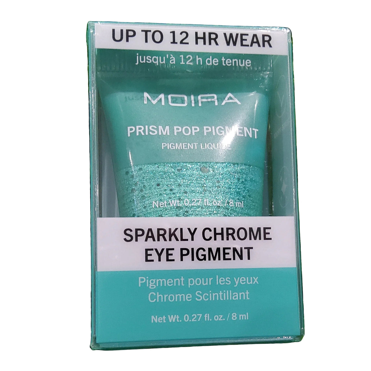 Accesorios by Alexsa Moira Prism Pop Pigment in a teal sparkly chrome eye shadow tube inside retail packaging.
