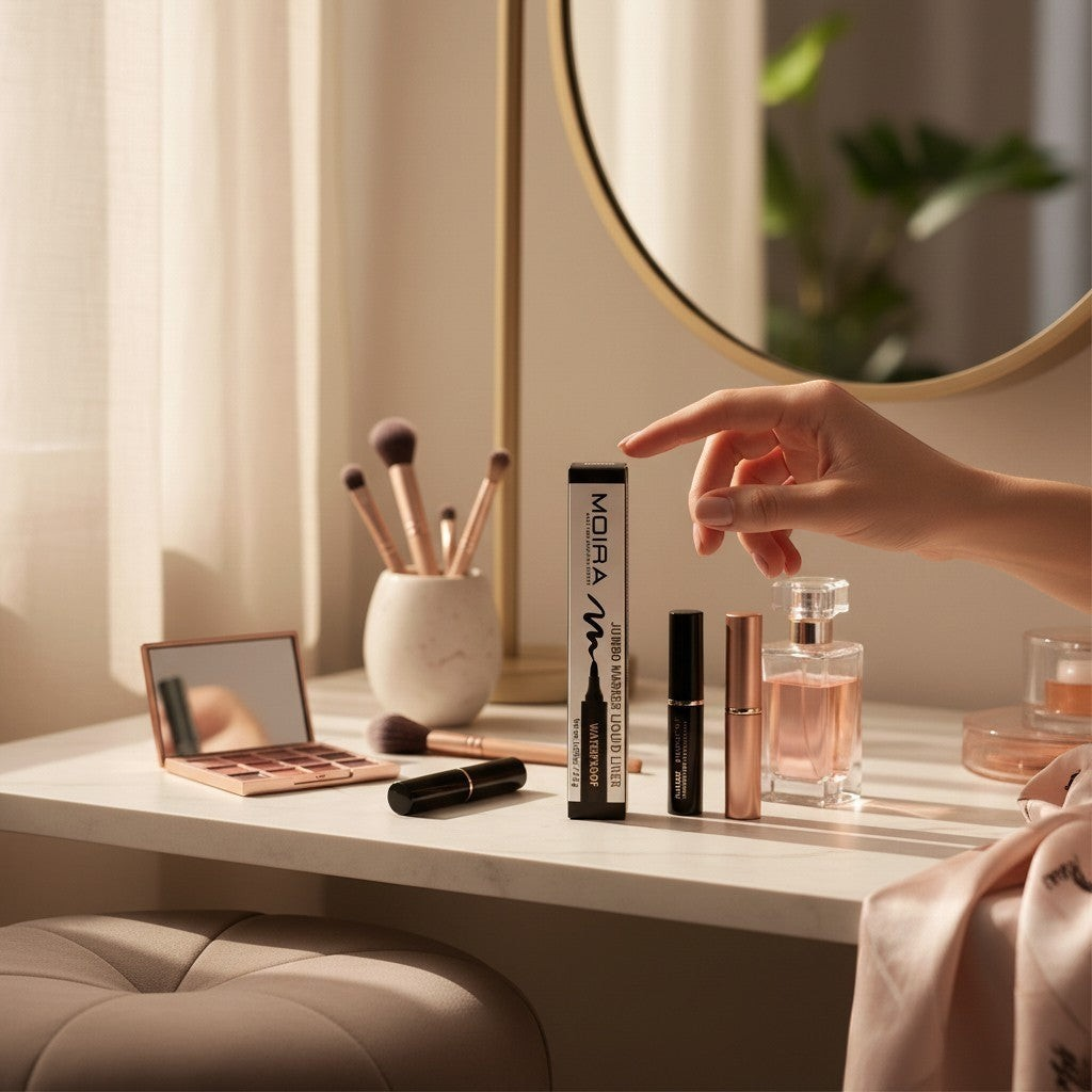 Accesorios by Alexsa Moira waterproof liquid eyeliner pen on a vanity table with makeup brushes and perfume
