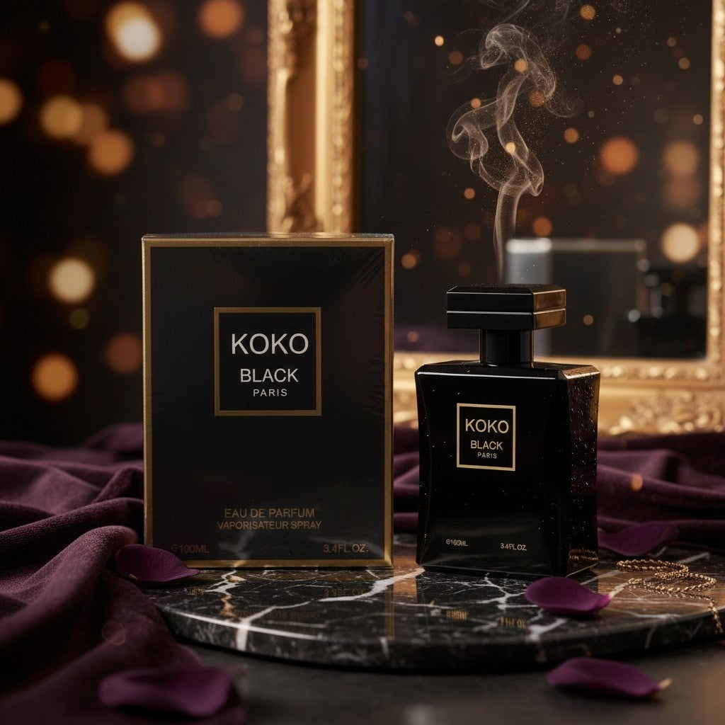 Accesorios by Alexsa Koko Black Paris eau de parfum para hombre en frasco negro elegante con caja sobre base de marmol