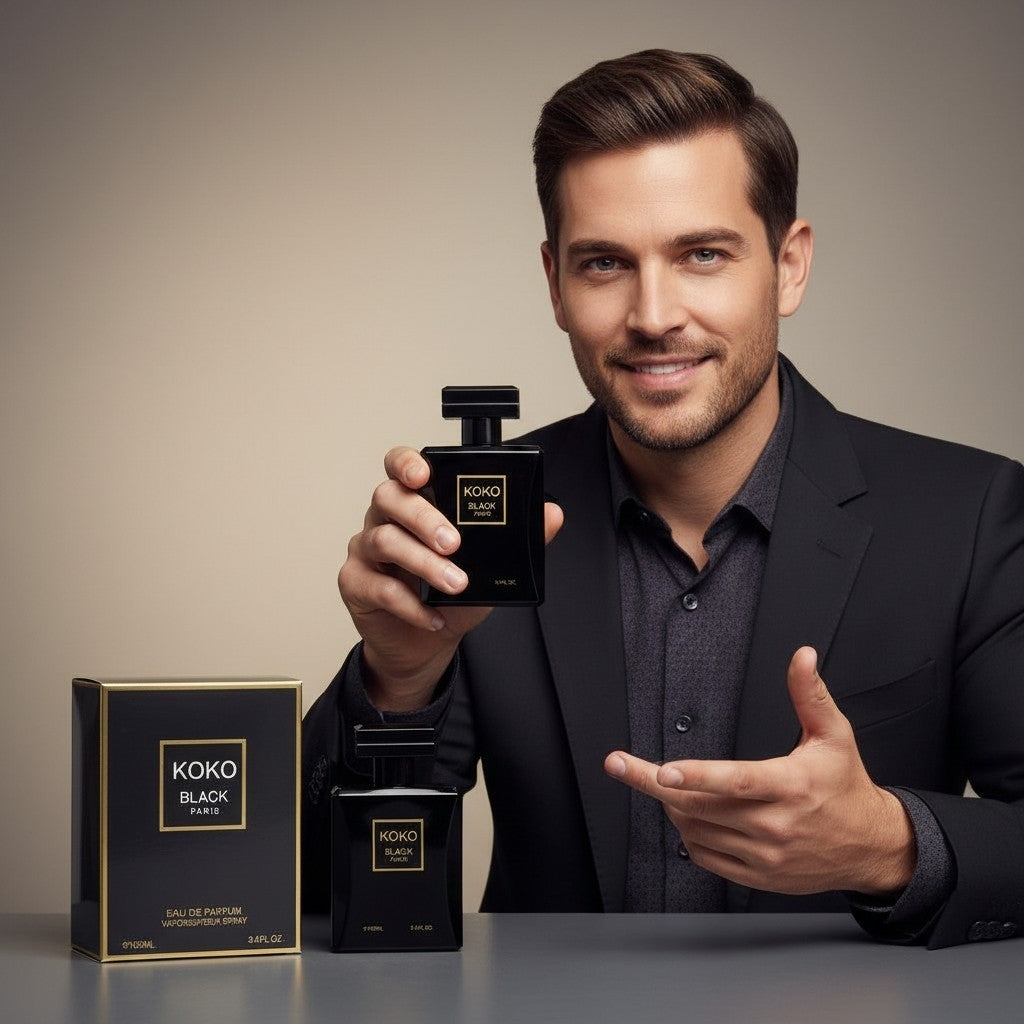 Hombre sonriente sosteniendo perfume Koko Black París de Accesorios by Alexsa junto a su caja negra y dorada