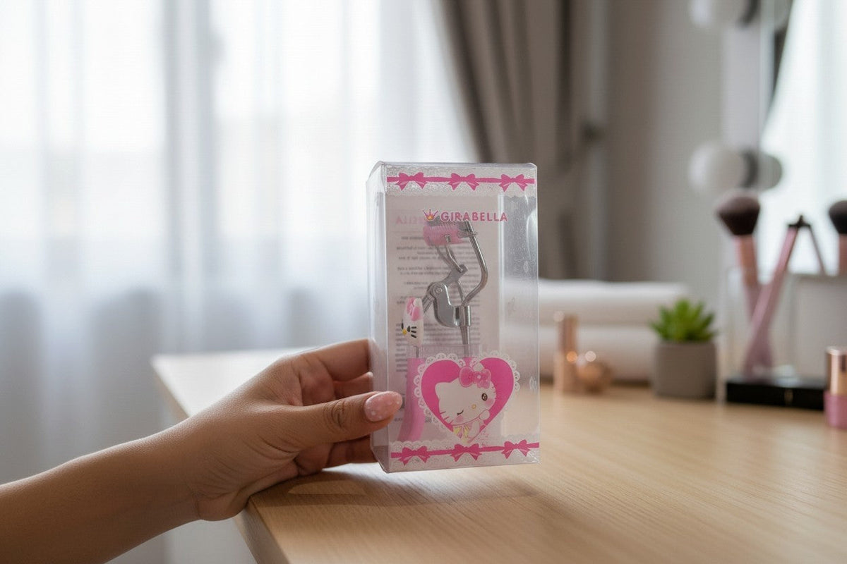 Accesorios by Alexsa pink Hello Kitty eyelash curler in clear plastic packaging held by a hand on a vanity table