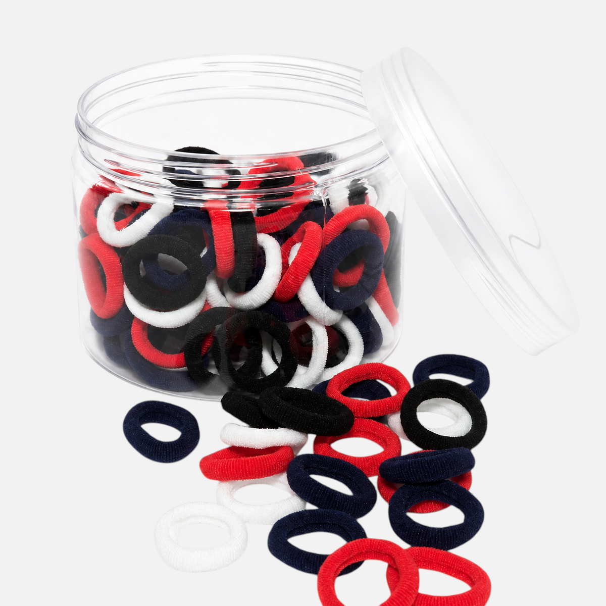Accesorios by Alexsa jar of 100 small, soft, elastic hair bands in red, white, and black for children