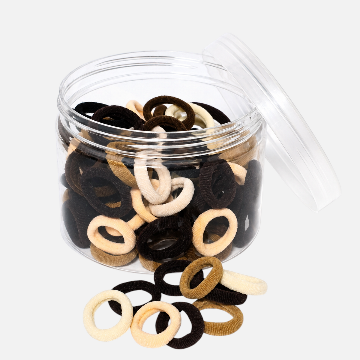 Accesorios by Alexsa 100-piece set of soft, elastic hair ties for girls in neutral brown and beige tones in a jar.