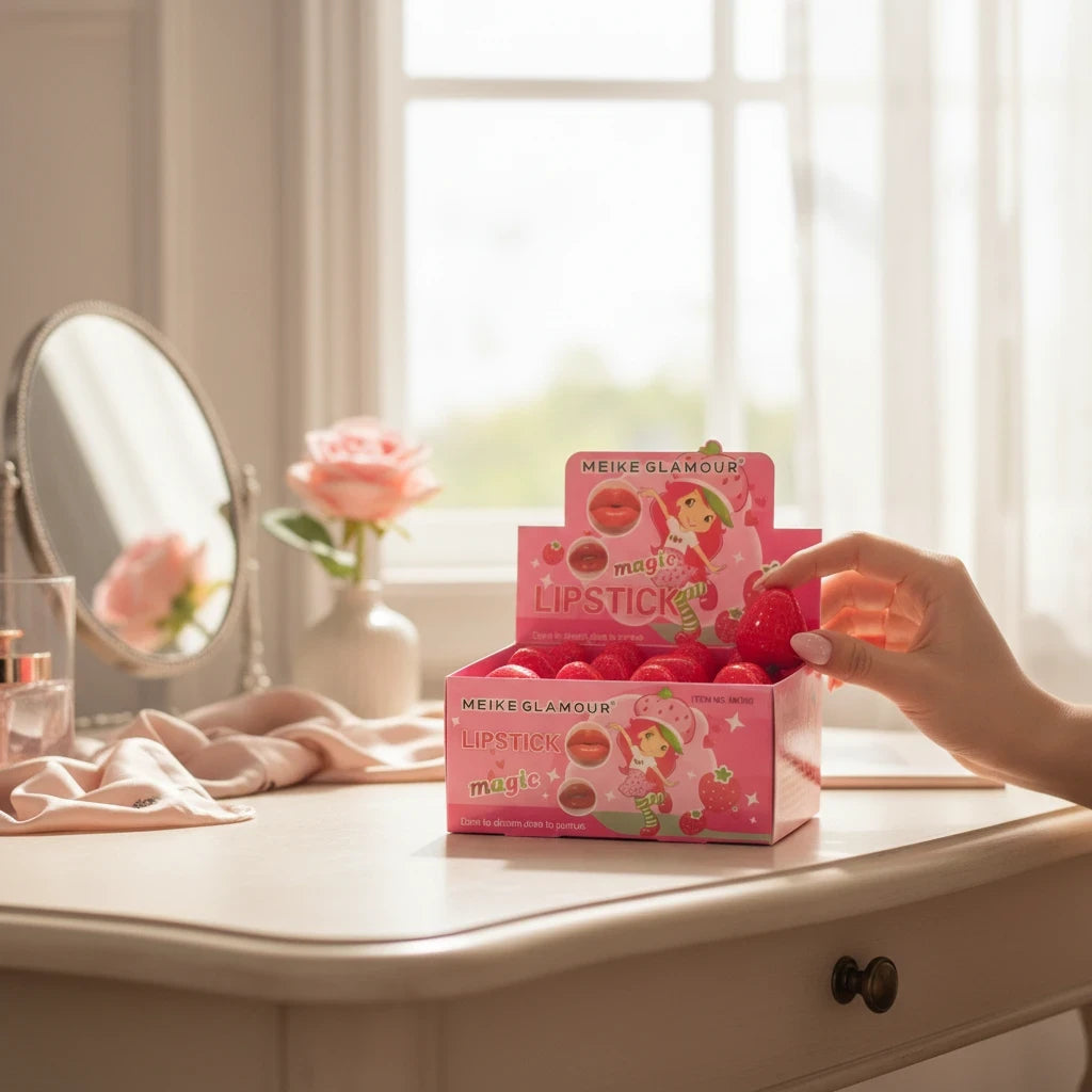 Accesorios by Alexsa strawberry-scented lip balm in a pink display box on a vanity table with a hand reaching for one.