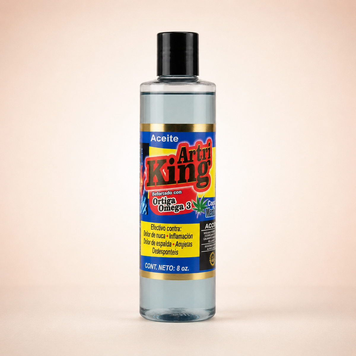 Aceite corporal Artri King sobre fondo rosa nude, blanco y beige