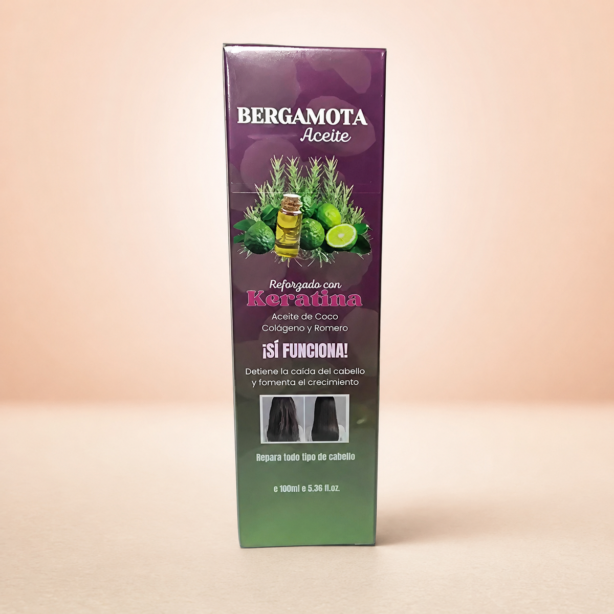 Aceite capilar de bergamota sobre fondo rosa nude, blanco y beige