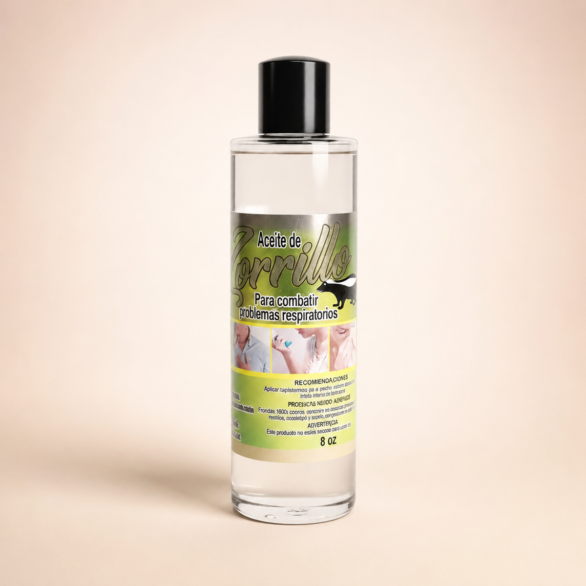Aceite corporal de zorrillo sobre fondo rosa nude, blanco y beige