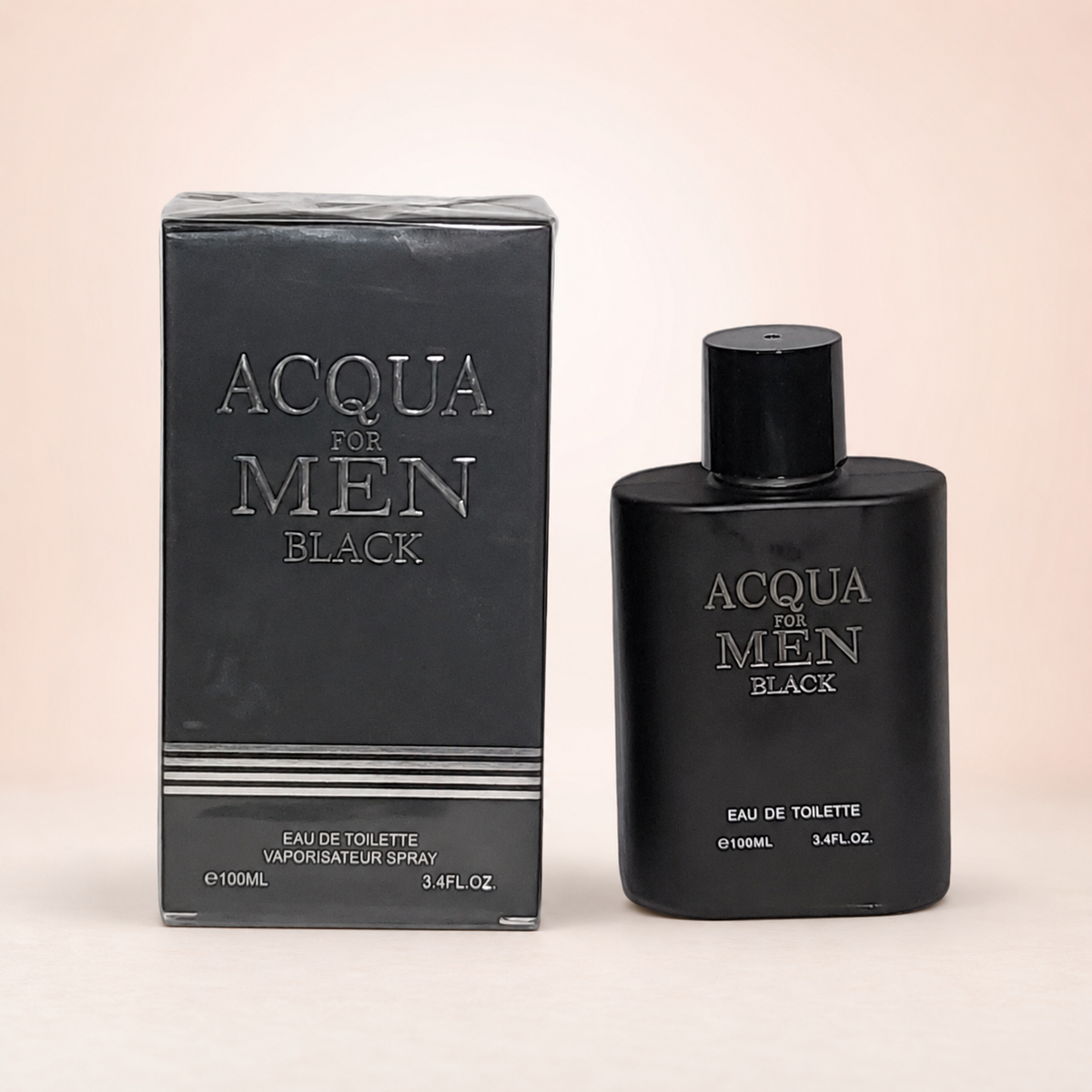 Acqua For Men Black sobre fondo rosa nude, blanco y beige