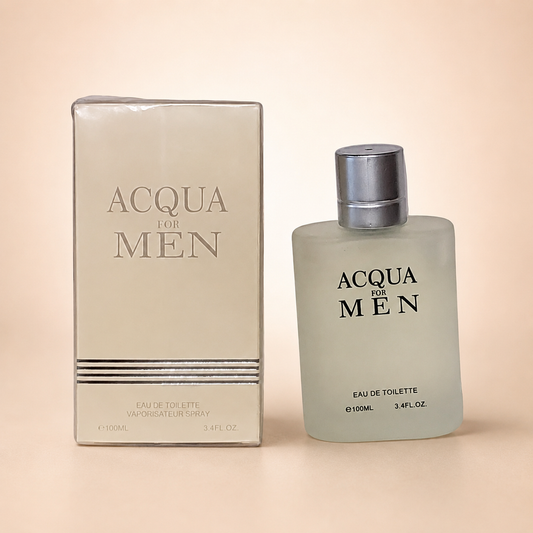 Acqua For Men sobre fondo rosa nude, blanco y beige