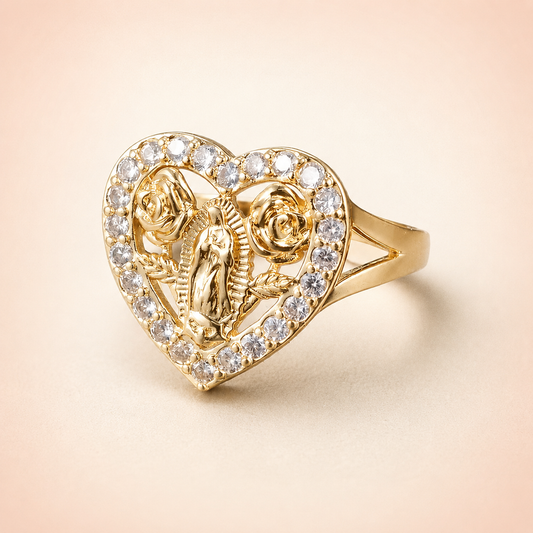 Anillo de la Virgen con Cristales sobre fondo rosa nude, blanco y beige