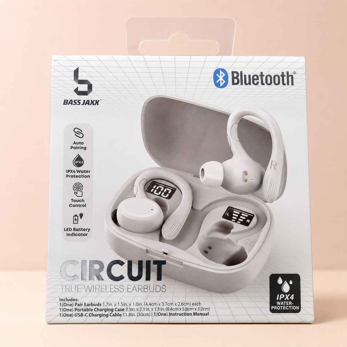 Audífonos Circuit True Wireless sobre fondo rosa nude, blanco y beige