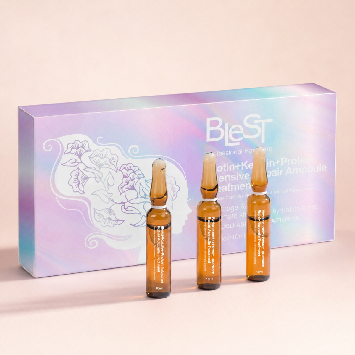 Blest Biotin+ con tres ampolletas en fondo rosa nude, blanco y beige