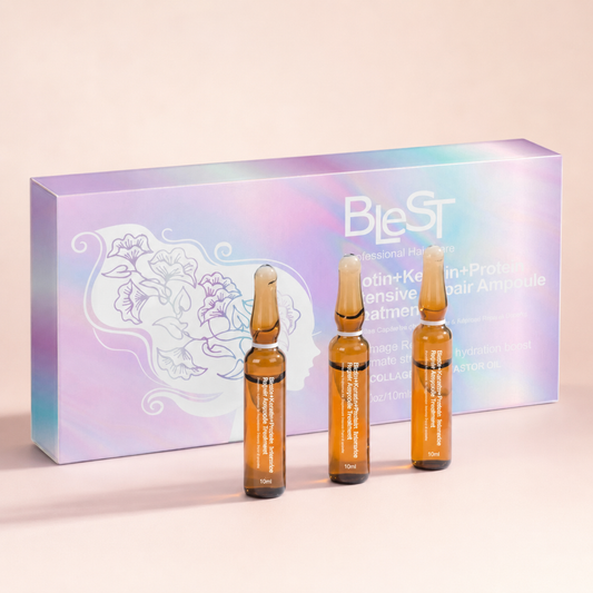 Blest Biotin+ con tres ampolletas en fondo rosa nude, blanco y beige
