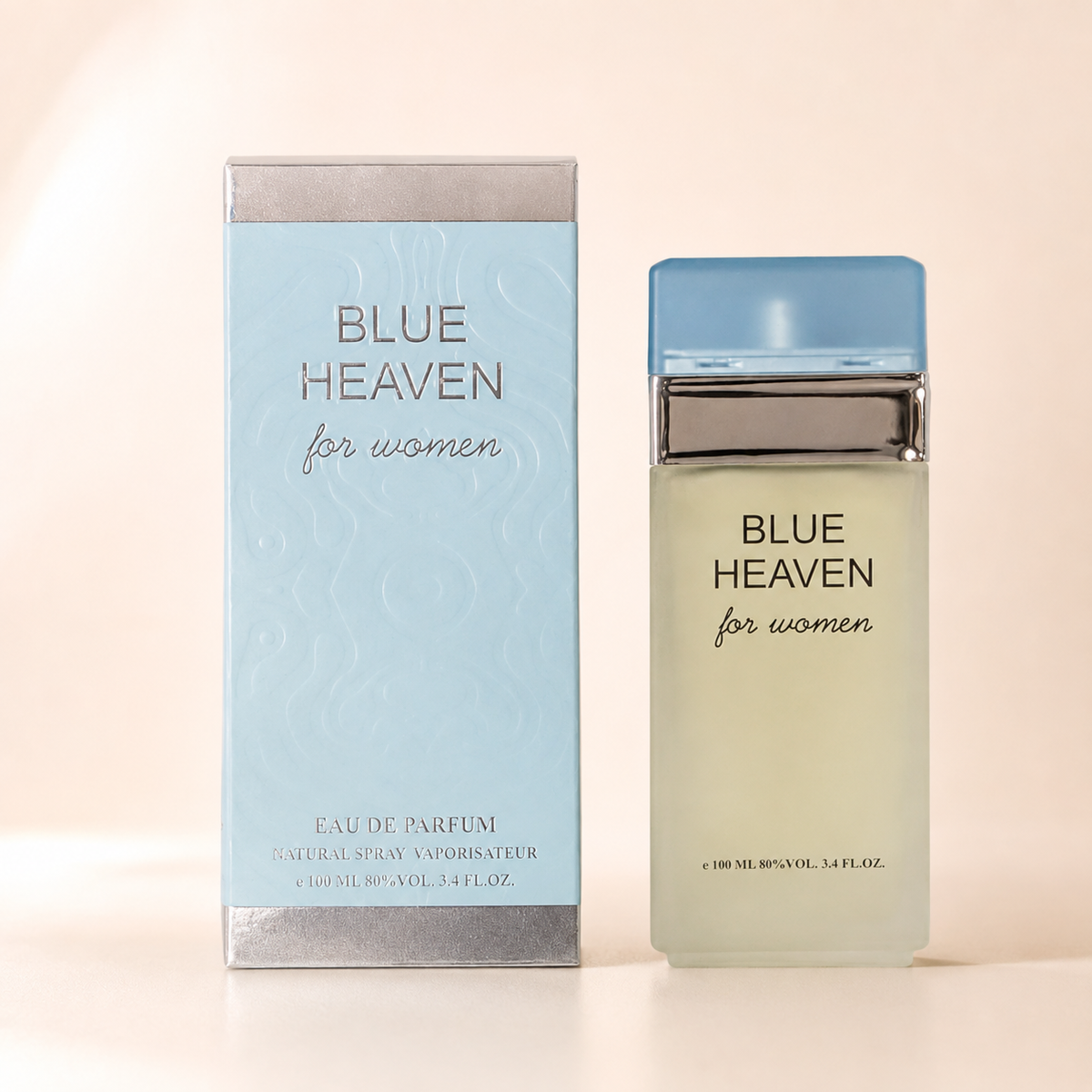 Blue Heaven for Women con caja y frasco en fondo rosa nude, blanco y beige