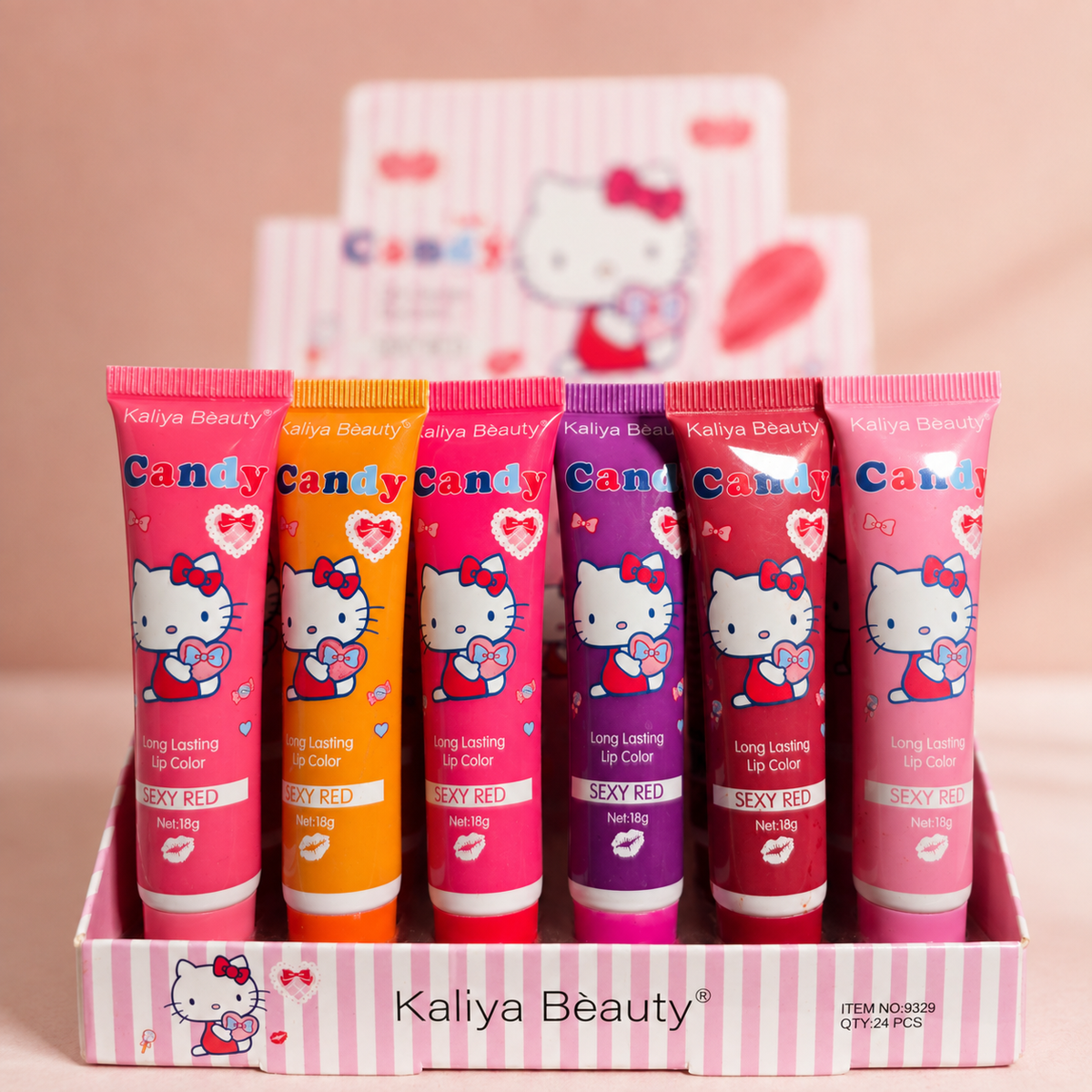 Candy Lip Color Kaliya Beauty en fondo rosa nude