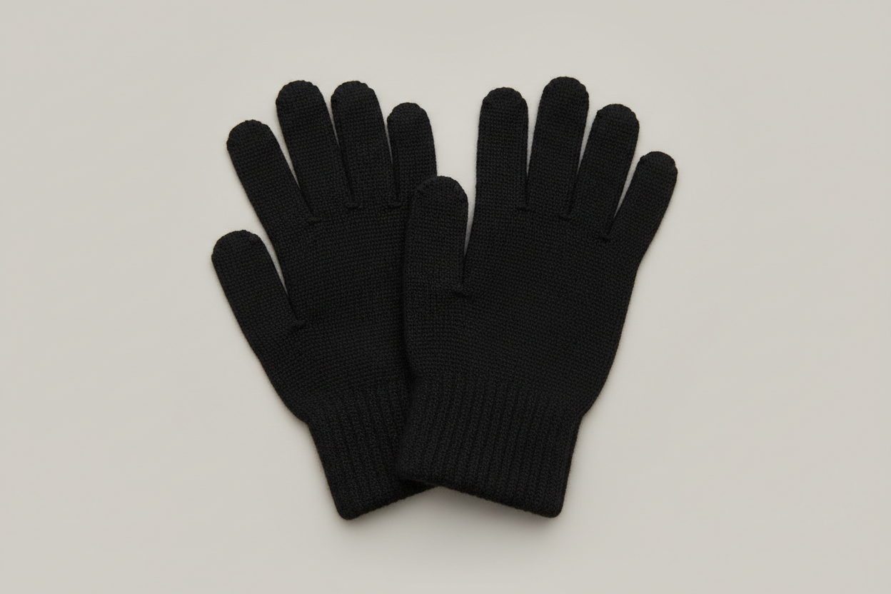 CREA UNA IMAGEN DE UNOS GUANTES DE ADULTO DE ESTAMBRE SENCILOS DE COLOR NEGRO CON UN FONDO SOLIDO Y CON LUZ NEUTRA