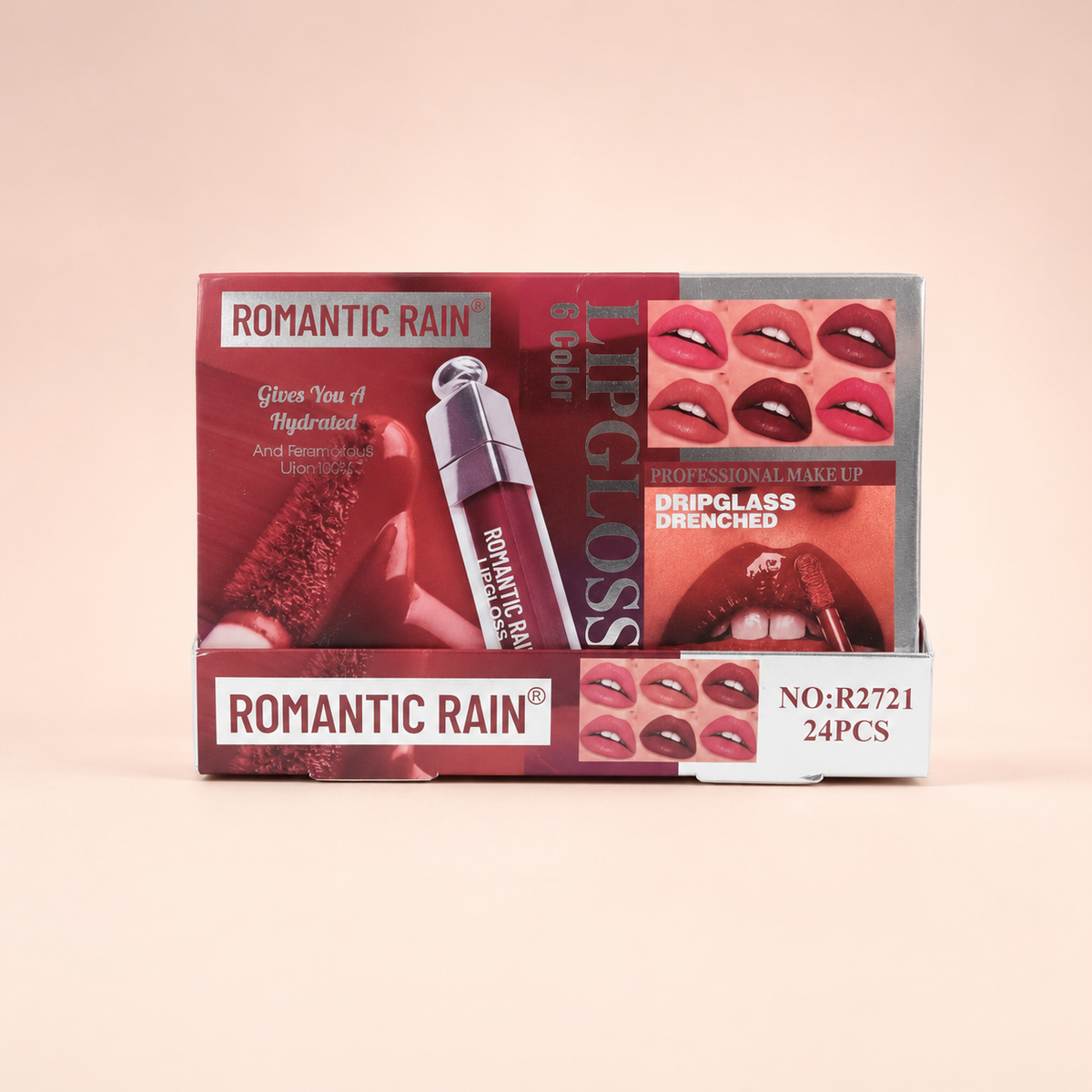 Labial Romantic Rain sobre fondo rosa nude, blanco y beige