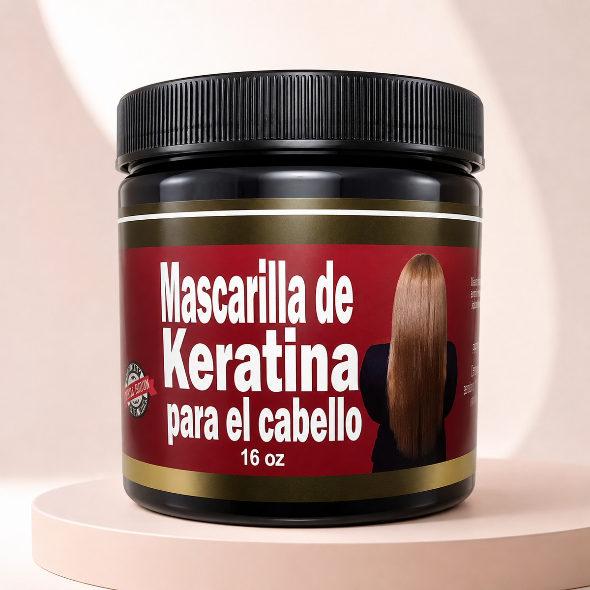 Mascarilla de Keratina para el cabello de 16 oz sobre fondo rosa nude, blanco y beige