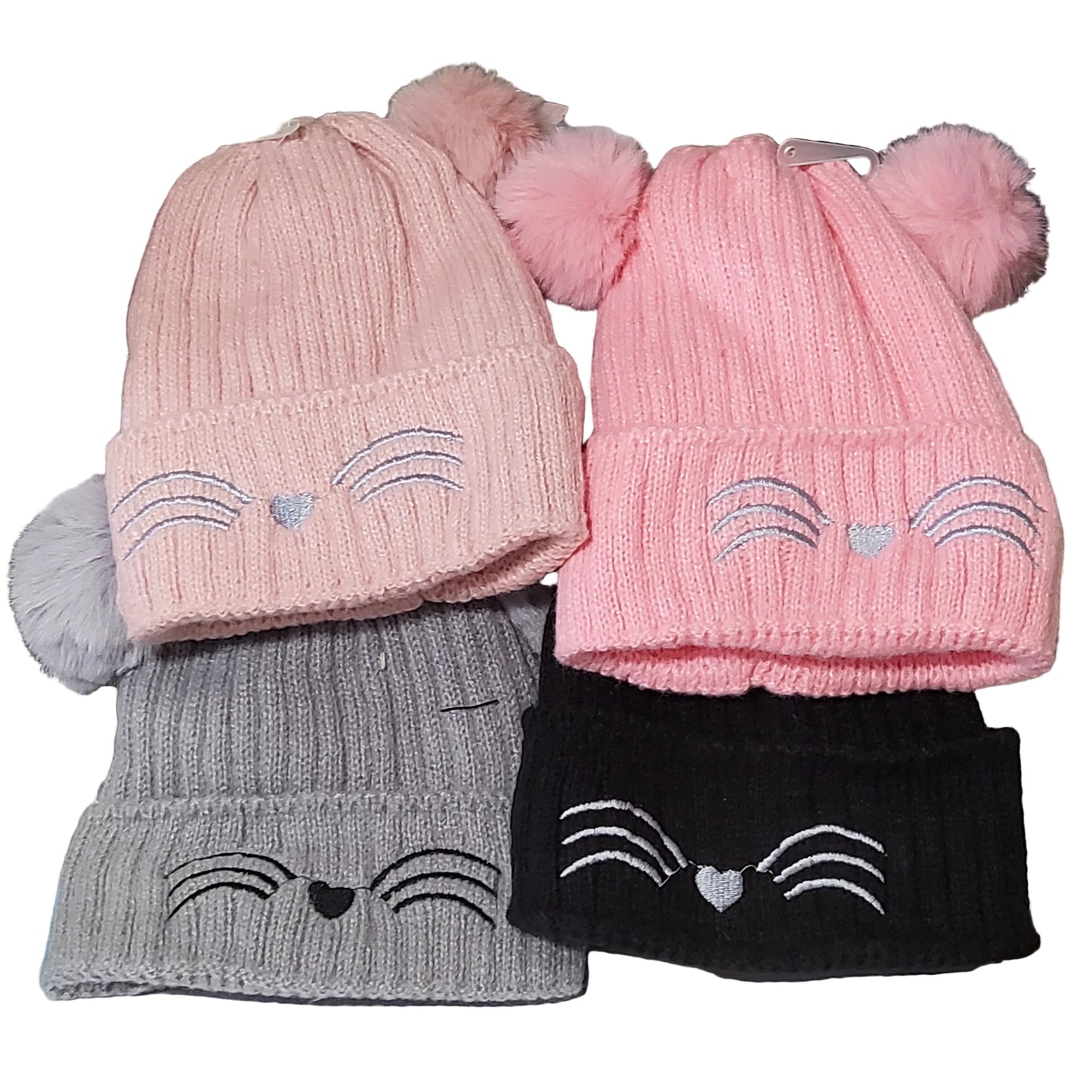 Gorro para niños de 4 a 7 años afelpado con doble pompón y bigotes Bordados.