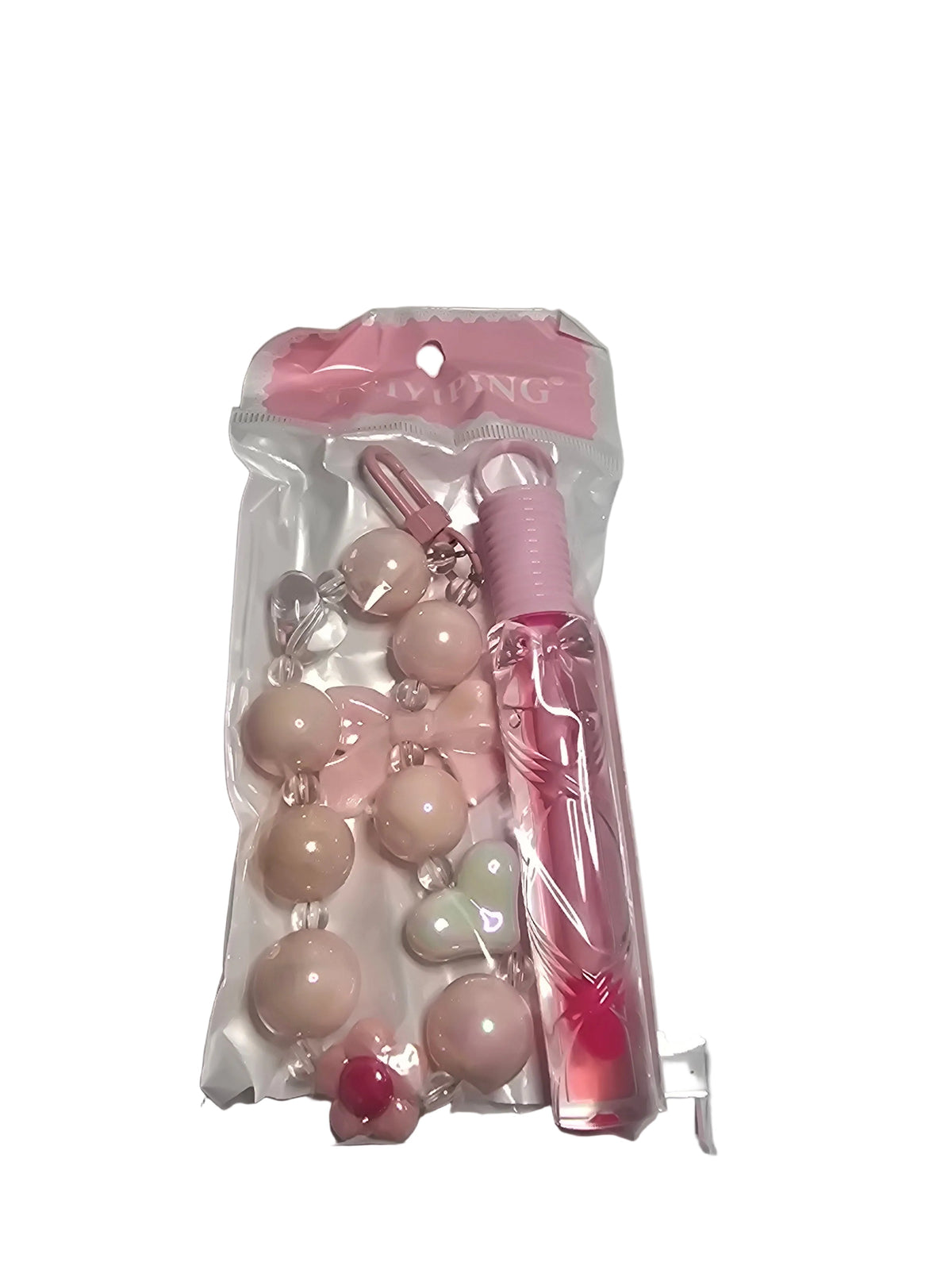 Llavero con gloss rosa en empaque